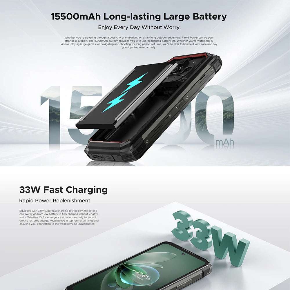 DOOGEE Fire 6 Power Rugged Phone Dual Light Flashlight 6.56-inch HD+ 90Hz Display 8GB+256GB 50MP Main Camera 15500mAh Cellphone