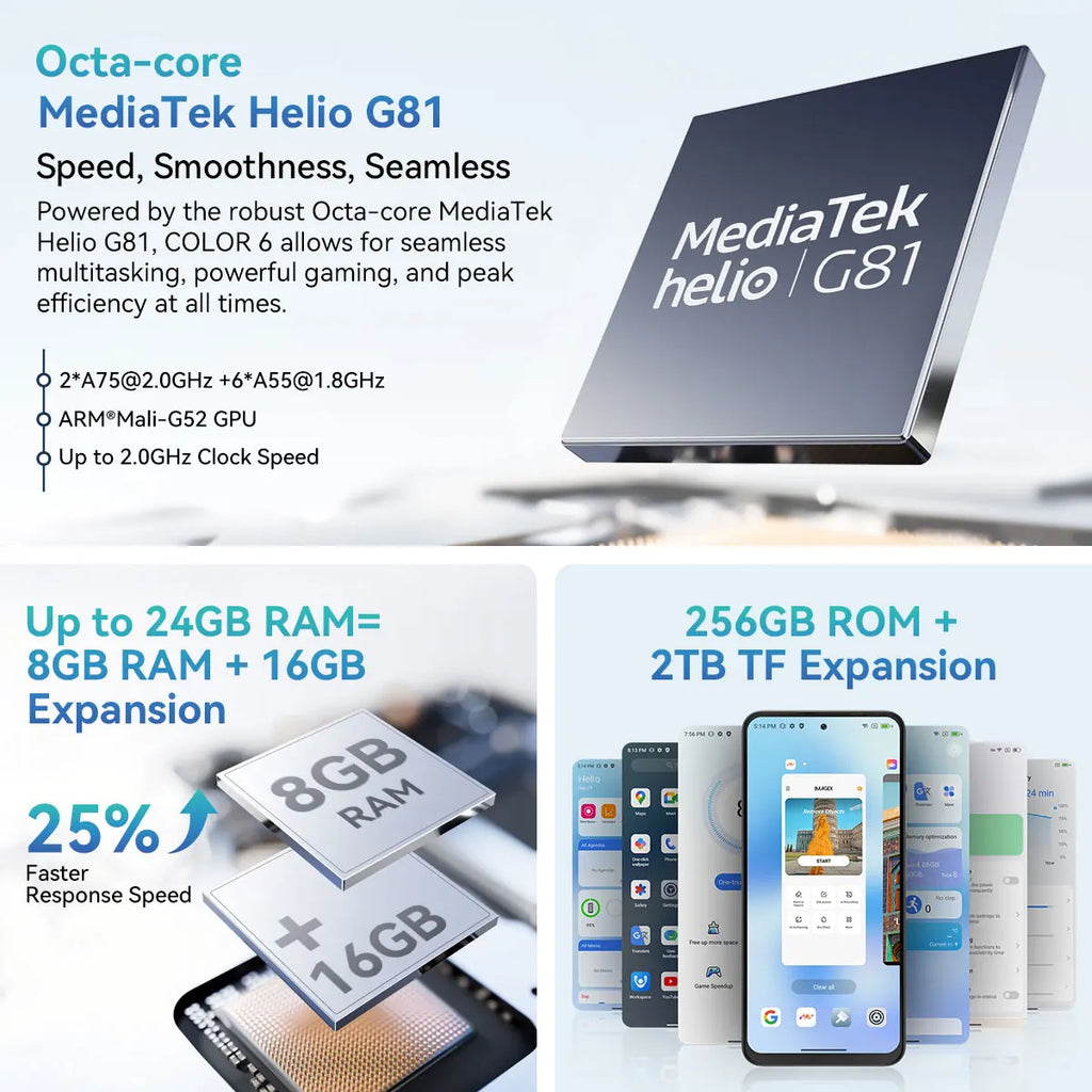 Blackview COLOR 6 Smartphone 6.67inch Display MTK G81 8GB RAM 128GB/256GB ROM 50MP Camera 5000mAh Battery Android 15 Cellphone