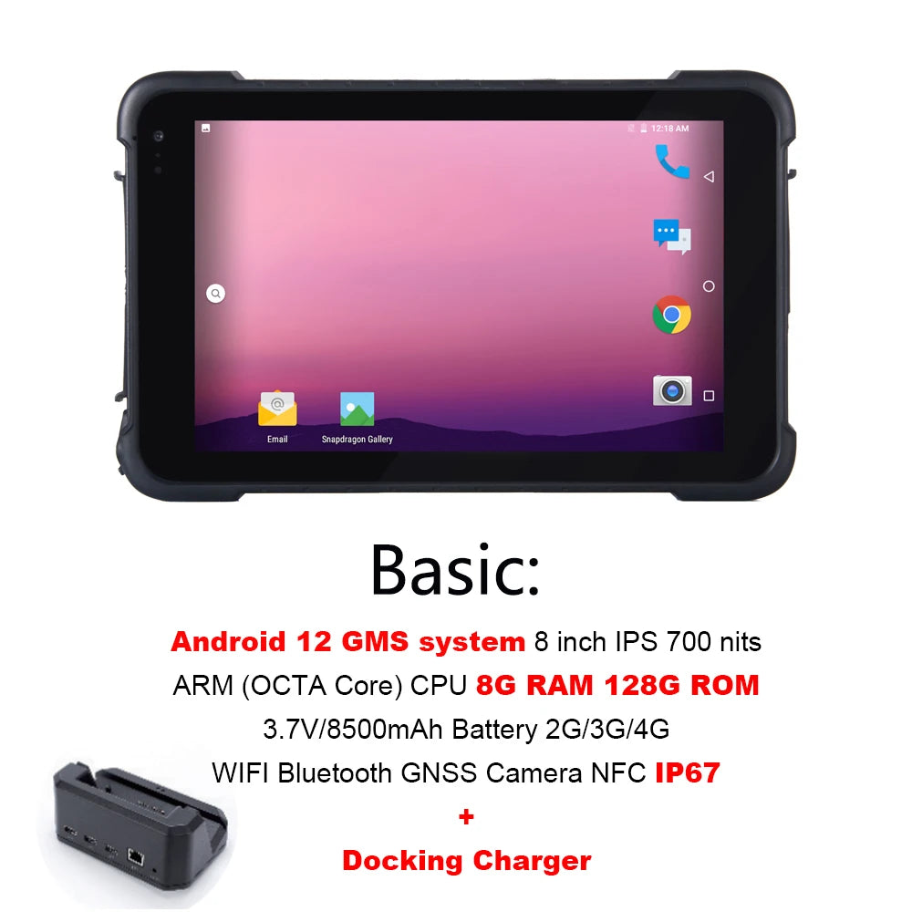 Android Rugged Tablet 8 Inch 4G LTE 8GB RAM 128GB ROM 2D Scanner Google Play IP67 Industrial Waterproof Tablet PC