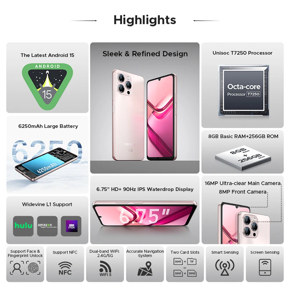 Global Version DOOGEE Note58 Pro Smartphone 6.75" HD+ Display 8GB RAM 256GB ROM 6250mAh Large battery NFC Android 15 Cellphone