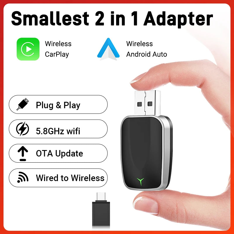 NEW 2in1 Wireless CarPlay AI Mini Android Auto Box Plug&Play Automatic Connection Compatible with 99% of Cars For Car Radio