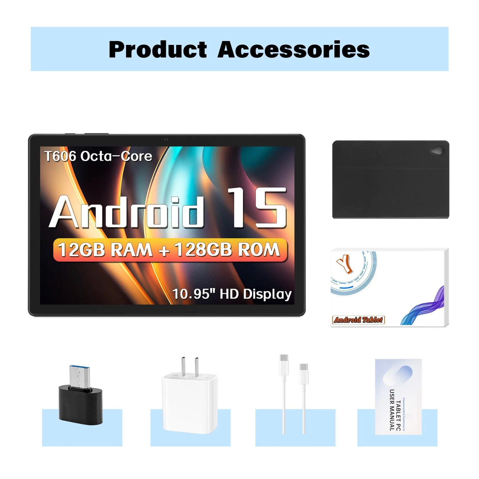 2025 Upgraded Android 15 Tablet 10.95inch,12GB+128GB+512GB, 8000mAh Large Battery, Dual WiFi 6, Dual Camera,T606 Octa-Core CPU