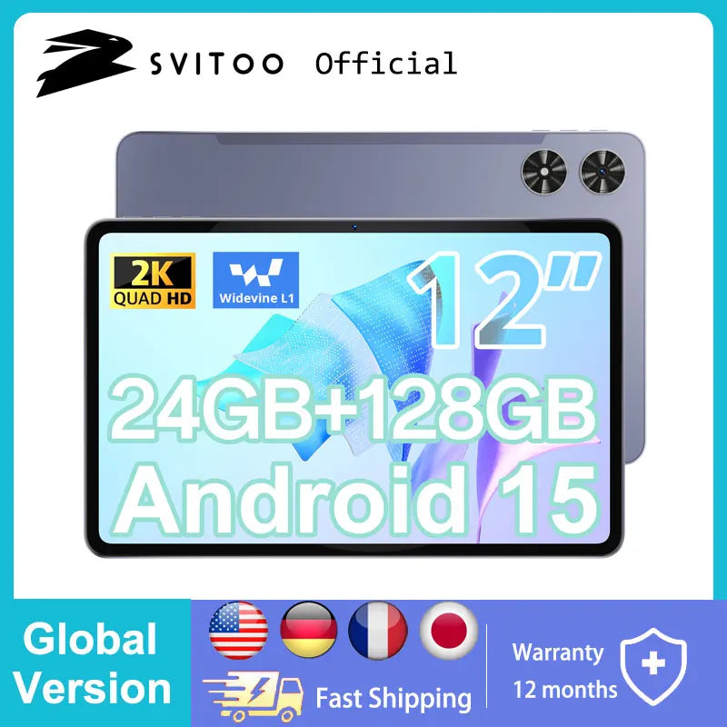 SVITOO Android Tablet 12 inch Large Screen Tablet 24GB+128GB 2K Display 18W Fast Charge 5MP+13MP Camera 8000mAh Battery Tablets
