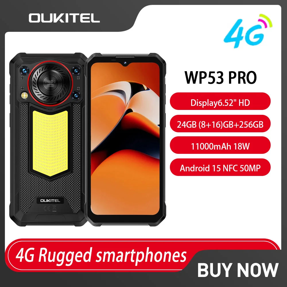 NEW OUKITEL WP53 PRO 4G Rugged Smartphone 6.52"  24GB+256GB 11000mAh 18W Android 15 NFC 50MP 128dB Speaker 36mm Cell Phone