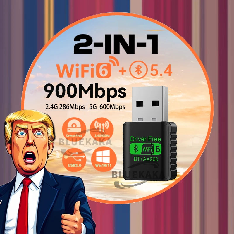 2IN1Mini USB AX900Mbps WiFi6 BT5.4 Network Card 2.4G&5GHz Dongle Wireless Receiver Adapter Driver Free For PC Laptop Win10/11