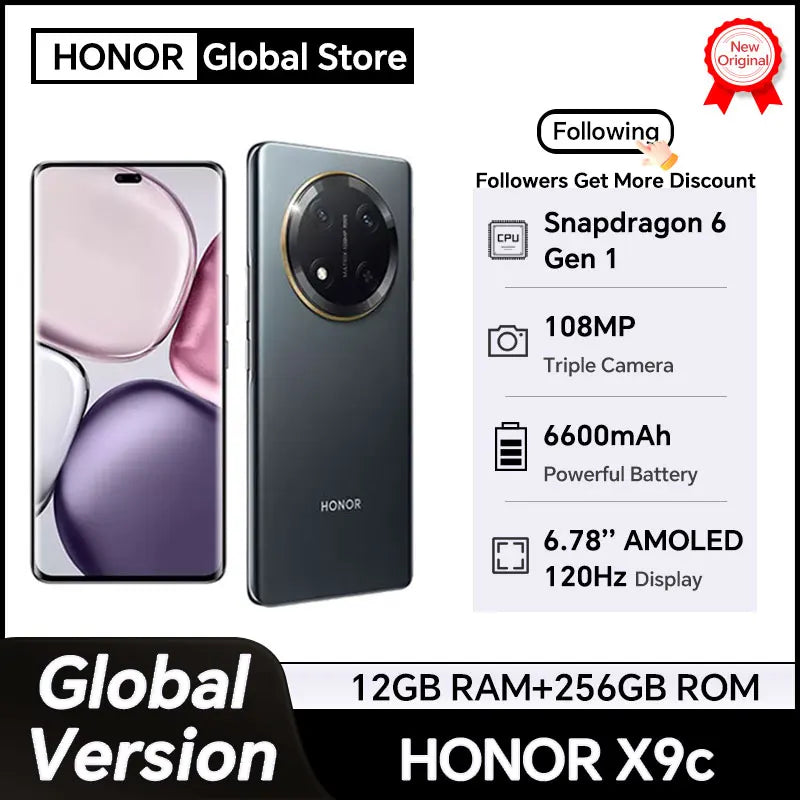 Global Version HONOR X9c 5G Smartphone 6.78" Anti-drop 120Hz Curved Screen 108MP Triple Cameras 6600mAh Battery 66W Wired Charge