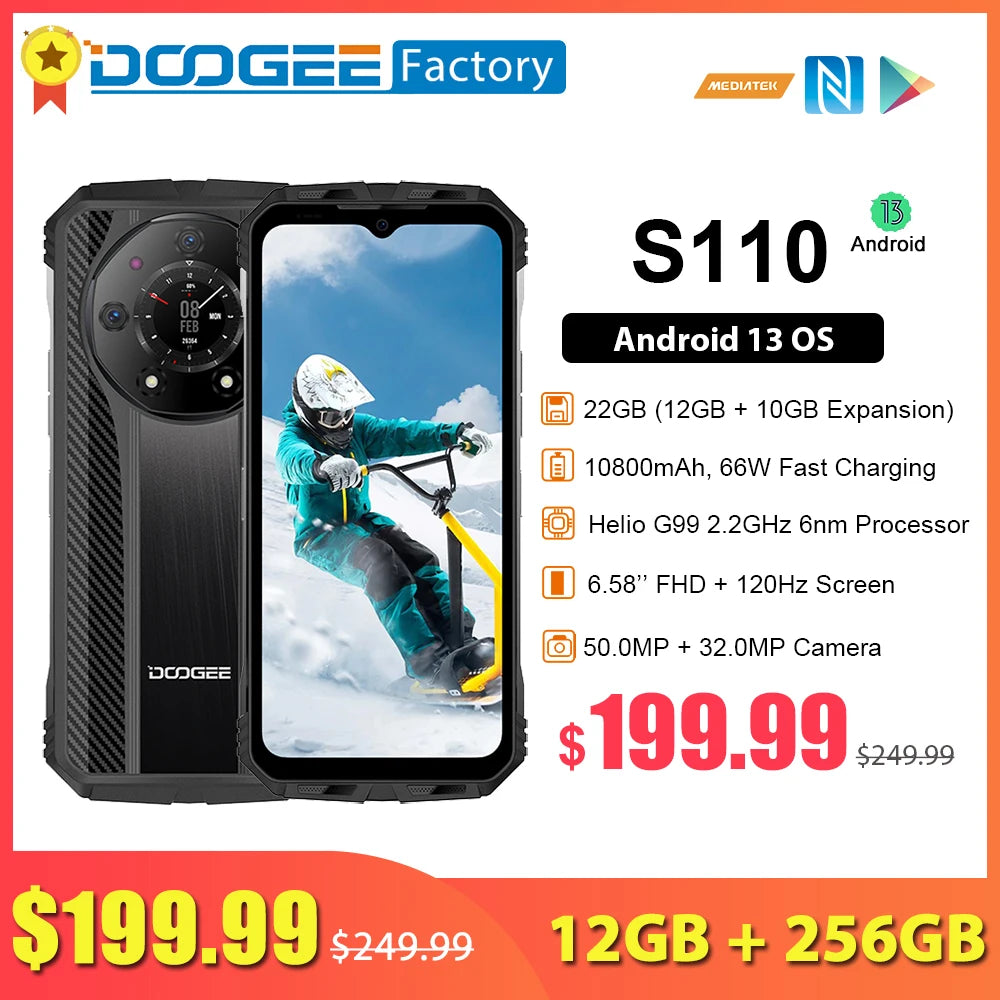 DOOGEE S110 12GB 256GB Smartphone Helio G99 Mobile Phone 6.58” FHD 120Hz Screen 10800mAh 66W Fast Charging Android 13 Cellphone