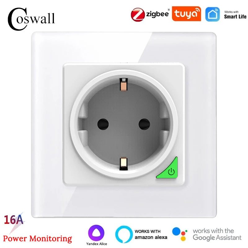 Alice Zigbee Tuya Smart EU Wall Socket With PD 20W Type-C & A Dual USB Fast Charger With Power Monitoring Glass Plate Panel