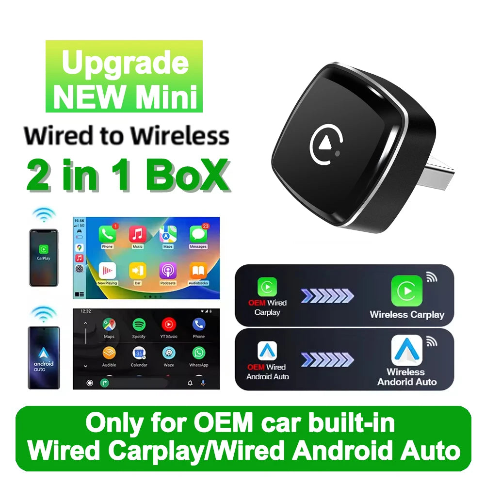 NEW 2in1 Wireless CarPlay AI Mini Android Auto Box Plug&Play Automatic Connection Compatible with 99% of Cars For Car Radio