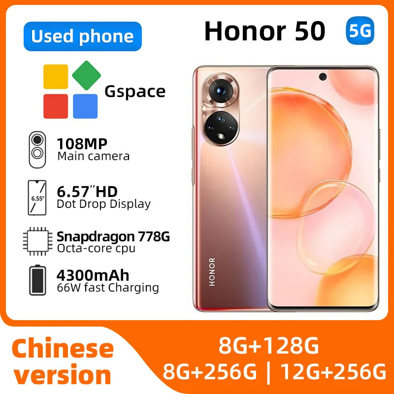 Honor 50 5G Android  6.57 inch Screen 128GB/256GB ROM 108MP Camera Mobile phones Unlocked Google Play used phone