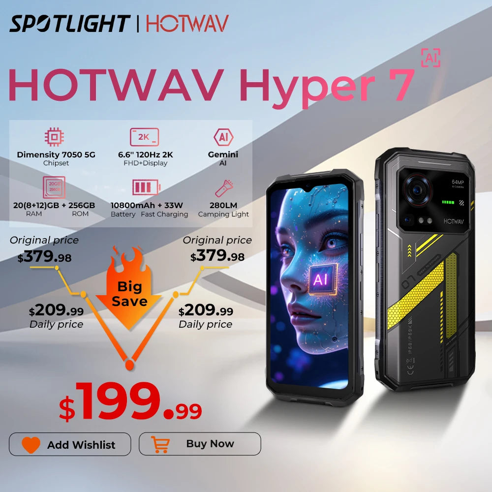 HOTWAV Hyper 7 5G Rugged Phone 6.6'' FHD+ 2K Display 10800mAh Mobile Phone 280LM 64MP Smartphone 8GB 256GB Android 14 Cellphone