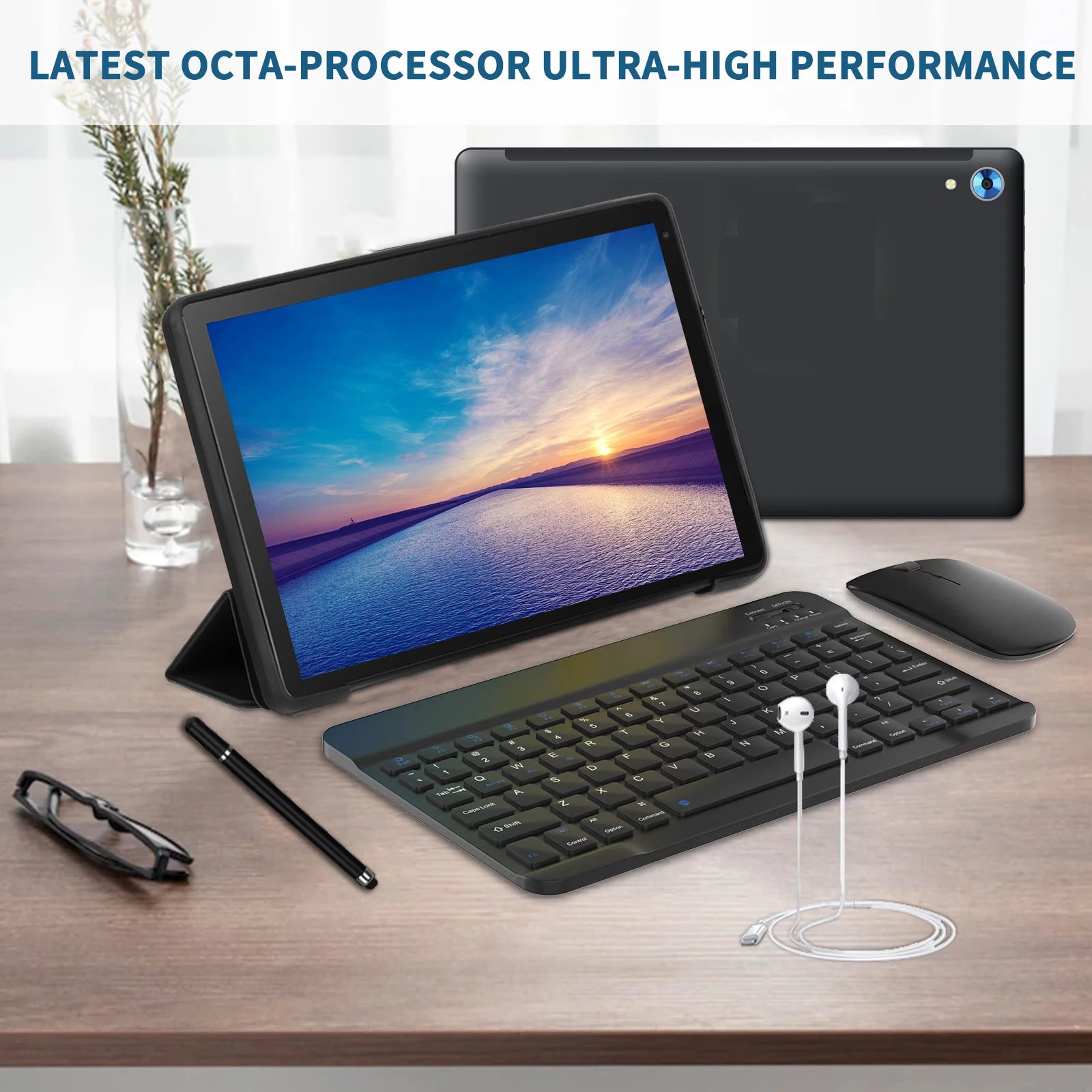 C108 10.1 Inch Tablet Octa-Core Processor 10GB RAM 128GB ROM Android 14 With Case Headphones Wireless Keyboard Mouse Stylus Pen