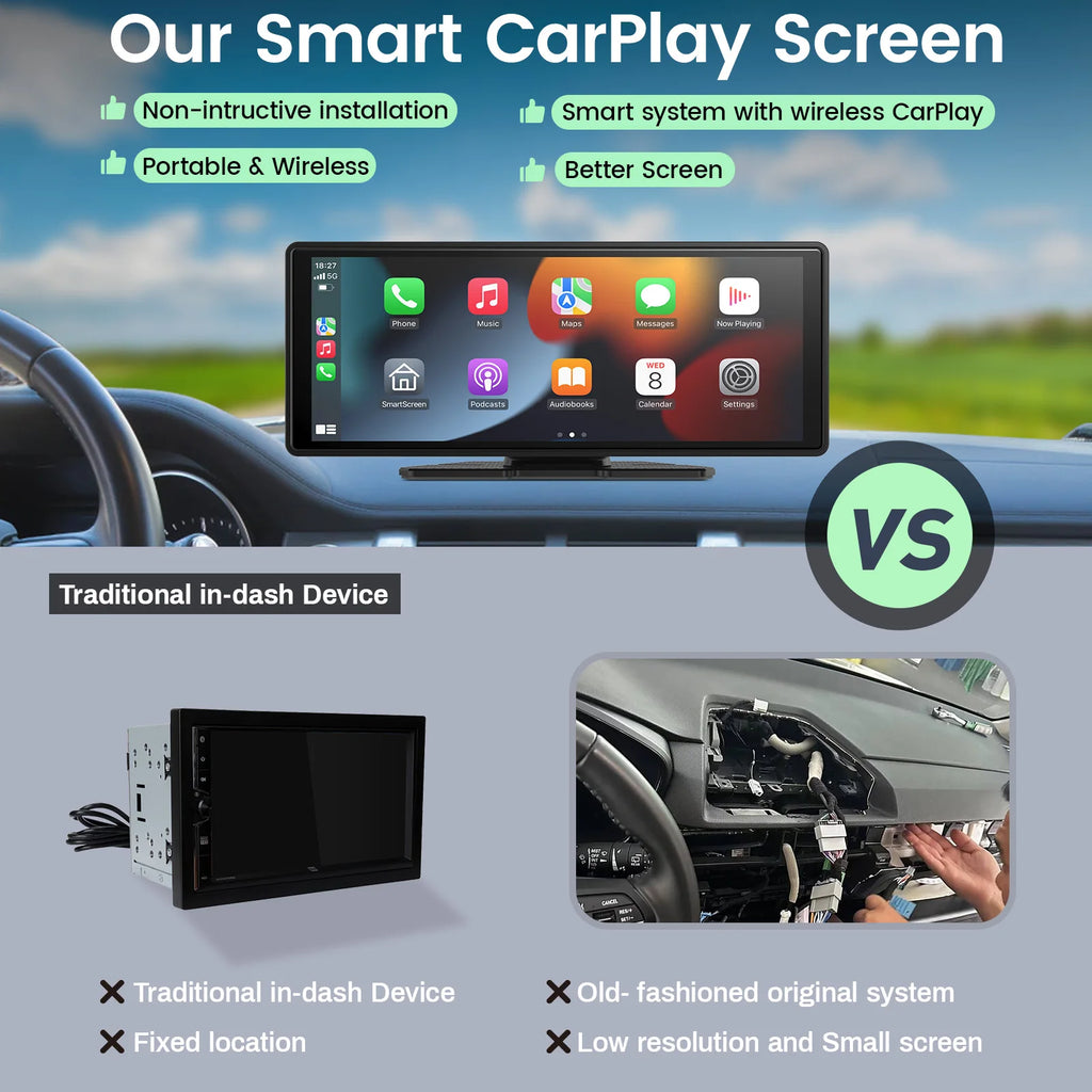 Carplay Screen for Car, 10" Portable Wireless Carplay&Android Auto, ar Stereo Audio Receivers for Car GPS Navigation Mirror Link