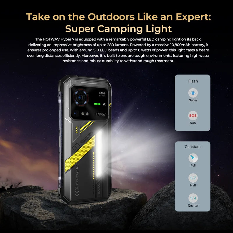 HOTWAV Hyper 7 5G Rugged Phone 6.6'' FHD+ 2K Display 10800mAh Mobile Phone 280LM 64MP Smartphone 8GB 256GB Android 14 Cellphone