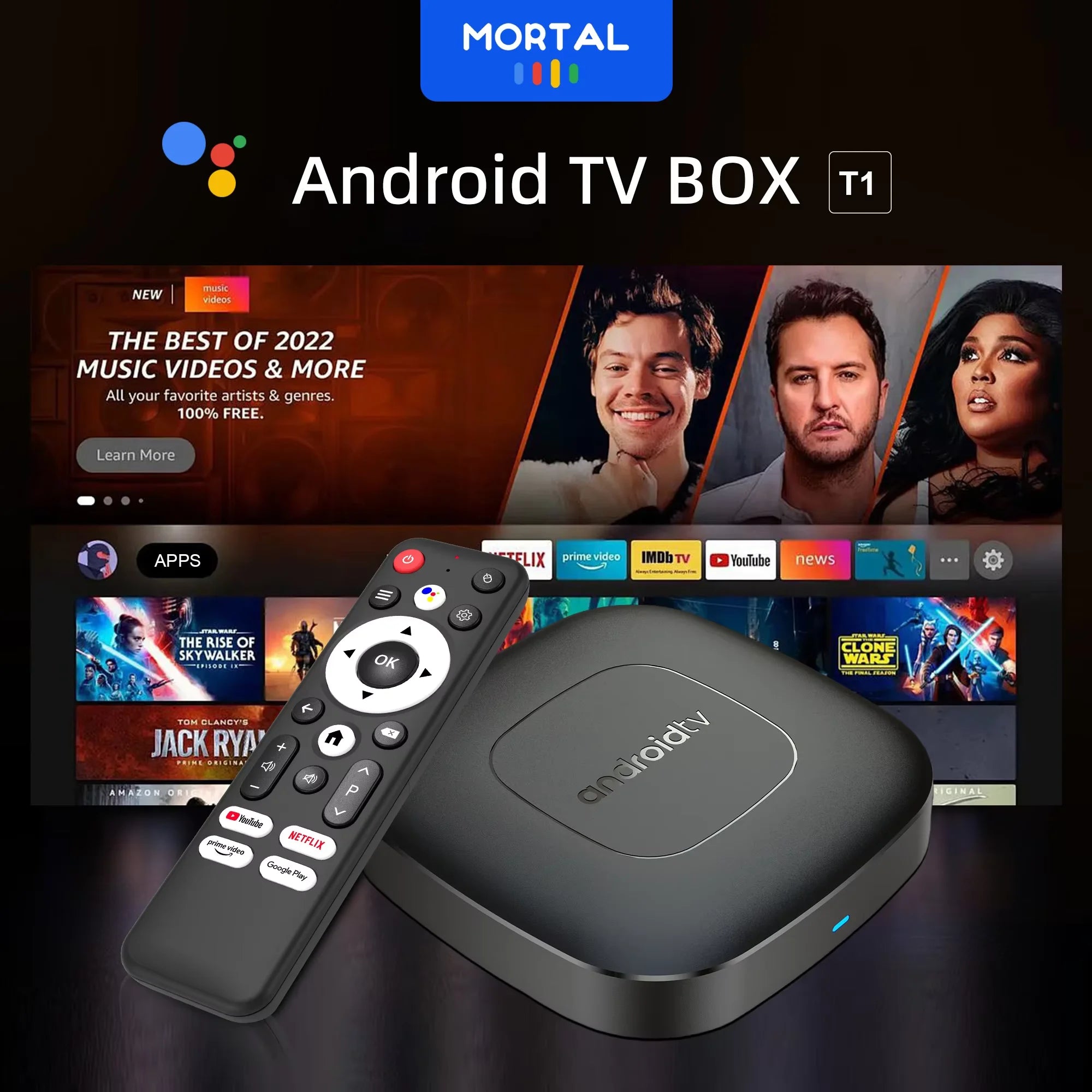 Mortal T1 Android14 Smart Streaming Media Player TV Box Bluetooth Google Assistant AllwinnerH313 2.4G5G Wifi 4K Global Version