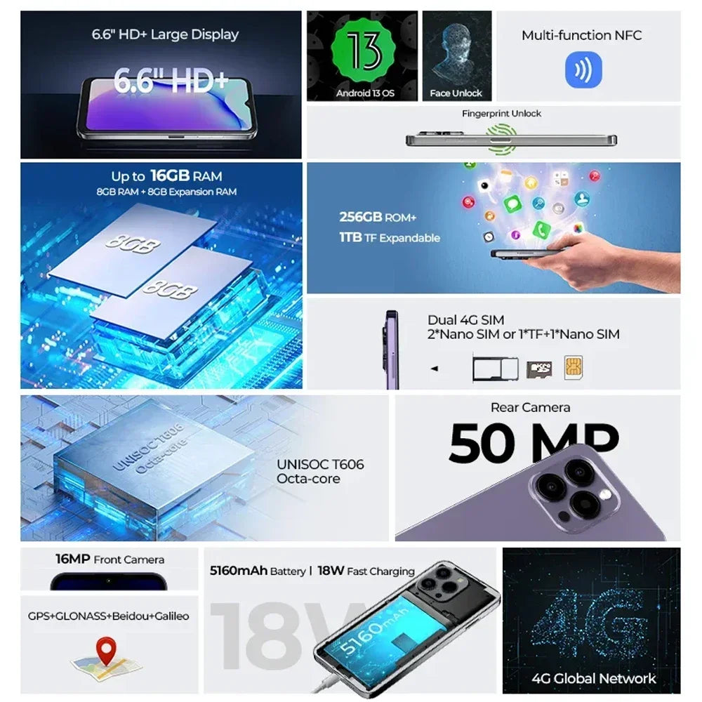 HOTWAV Note 13 Pro 6.6 Inch Smartphone HD+ 90Hz 16GB+256GB Mobile Phone 50MP AI Camera 5160mAh 18W Fast Charging Cell Phone NFC