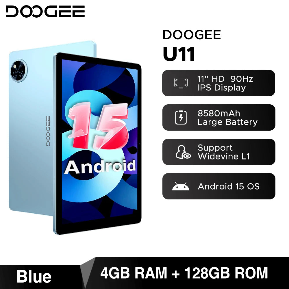 DOOGEE U11 Android 15 Tablet 11" Ultra-clear 90Hz Display 16GB(4+12) 128GB 8580mAh Battery Unisoc T606 octa-core Dual Speaker