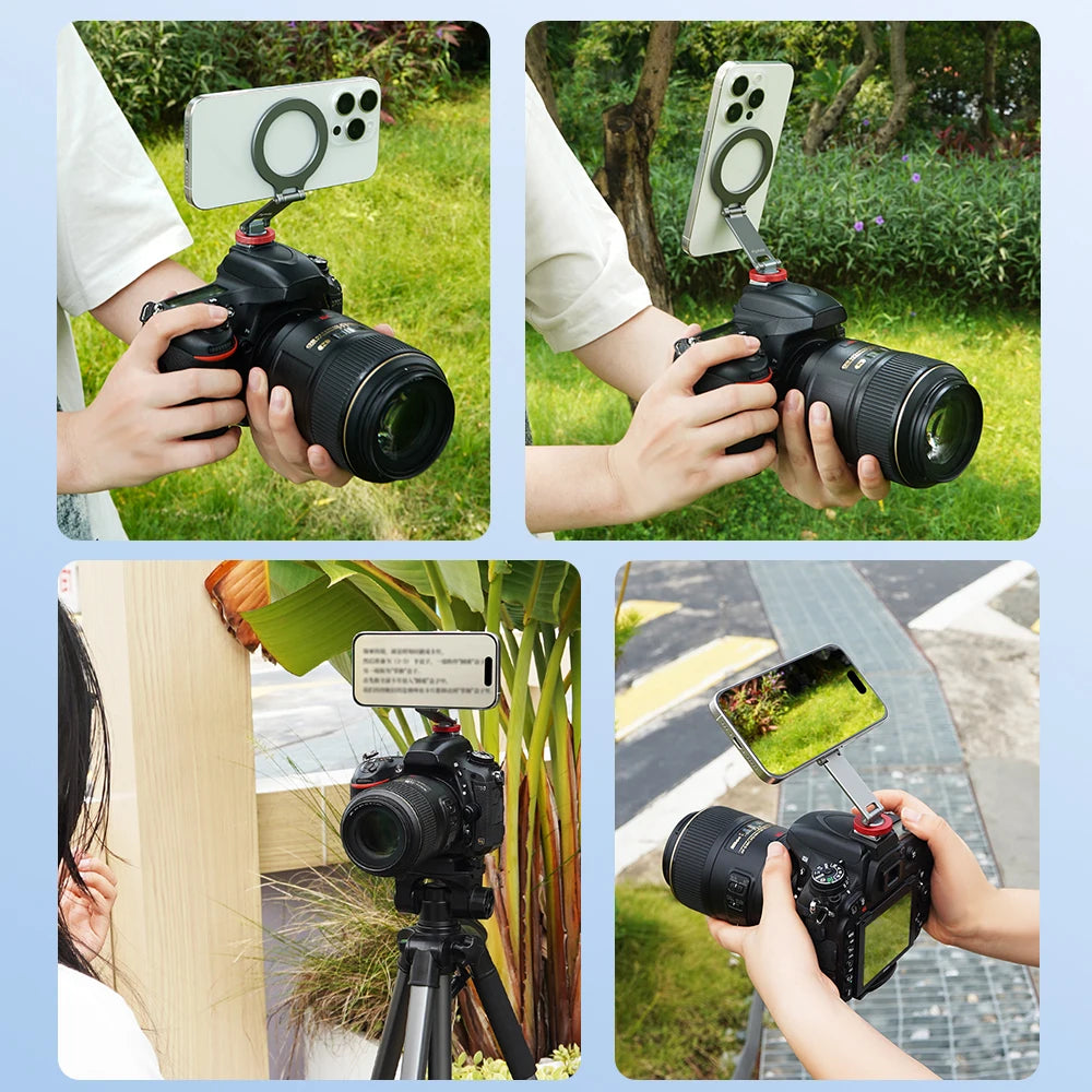Flymile Magsafe Metal Magnetic Fixed Phone Holder Foldable Cold Shoe Tripod Adapter Teleprompter Stand For iPhone 16 15 14 13 12