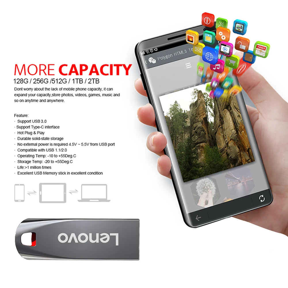 Lenovo 2TB Usb 3.0 Flash Drives High Speed Metal Pendrive 1TB 512GB 256GB Portable Usb Pen Drive For TV Car Phone Computer PS5