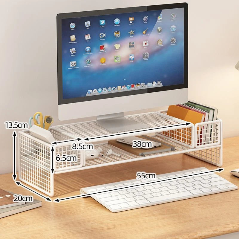 Double-Deck Computer Monitor Riser Holder PC Screen Stand Bracket Desktop Laptop Keyboard Mouse Storage Organizer Pen Container