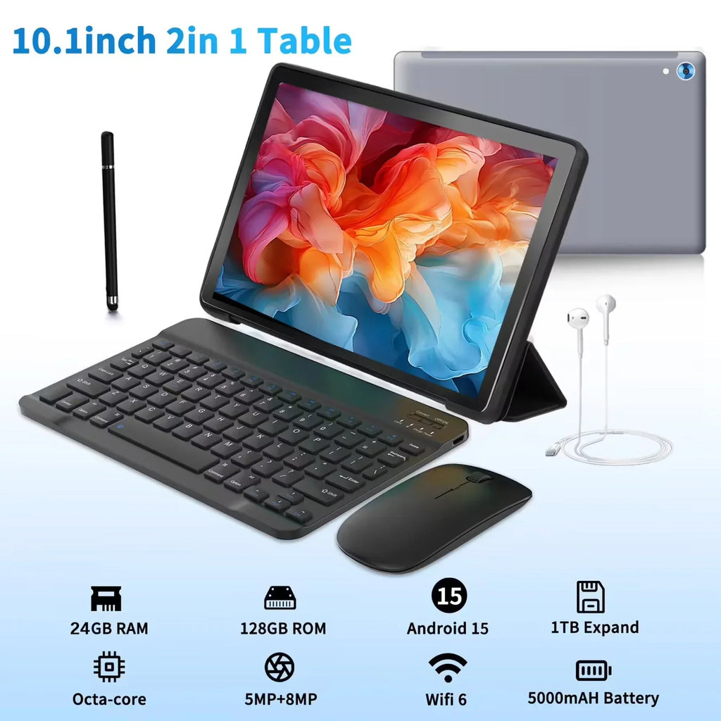URAO C101L 10 Inch Android 15 Tablet A523 Octa Core Tablets 24GB+128GB 1 TB Expansion WiFi 6 5MP+8MP Camera Keyboard Mouse Set
