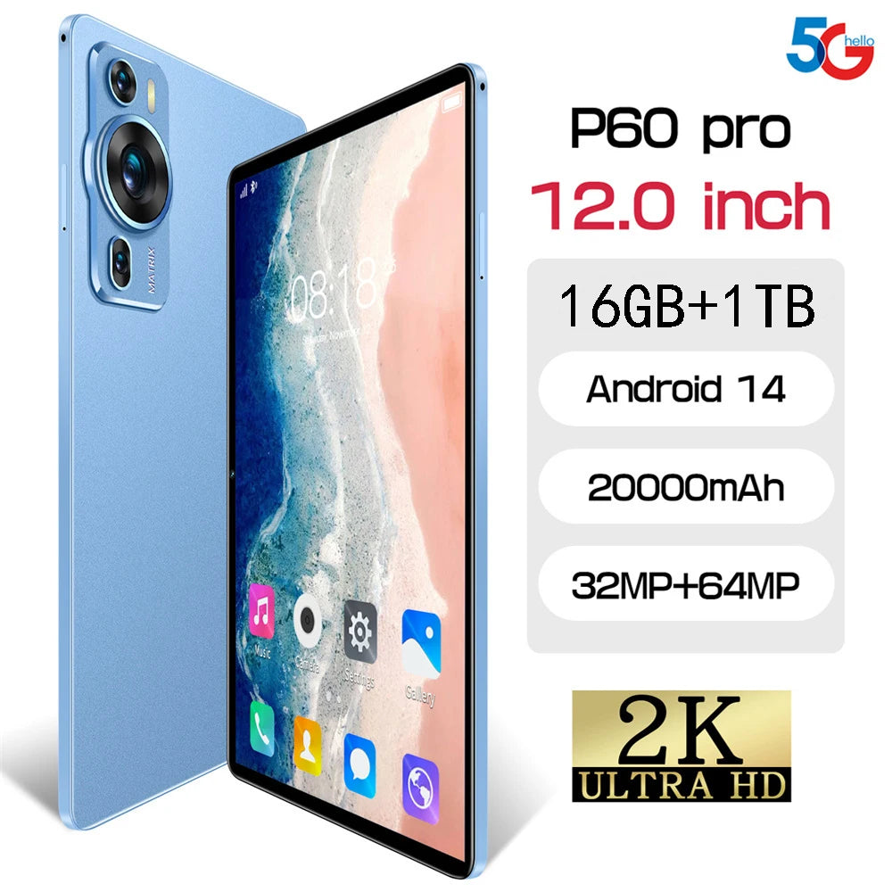 2025 New Original P60PRO Tablets 12inch Global Version HD Tab Android 14 16GB+1TB Tablet 20000mAh 5G Dual SIM WiFi GPS Tablet PC