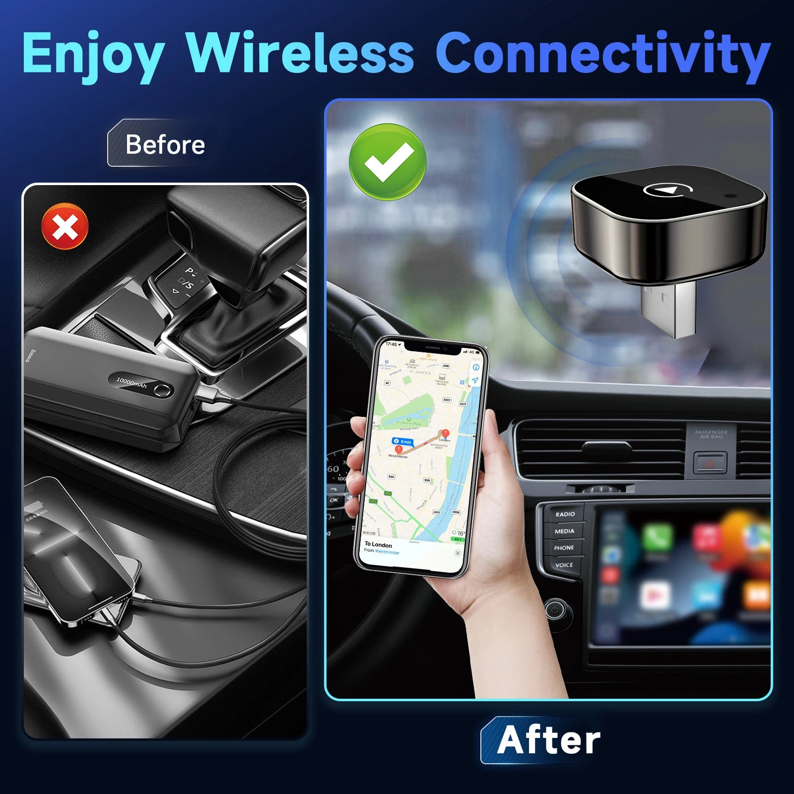 2025 Upgraded Mini Wireless CarPlay Adapter for Apple & Android - Plug & Play No Battery Required, Compatible with Various Car