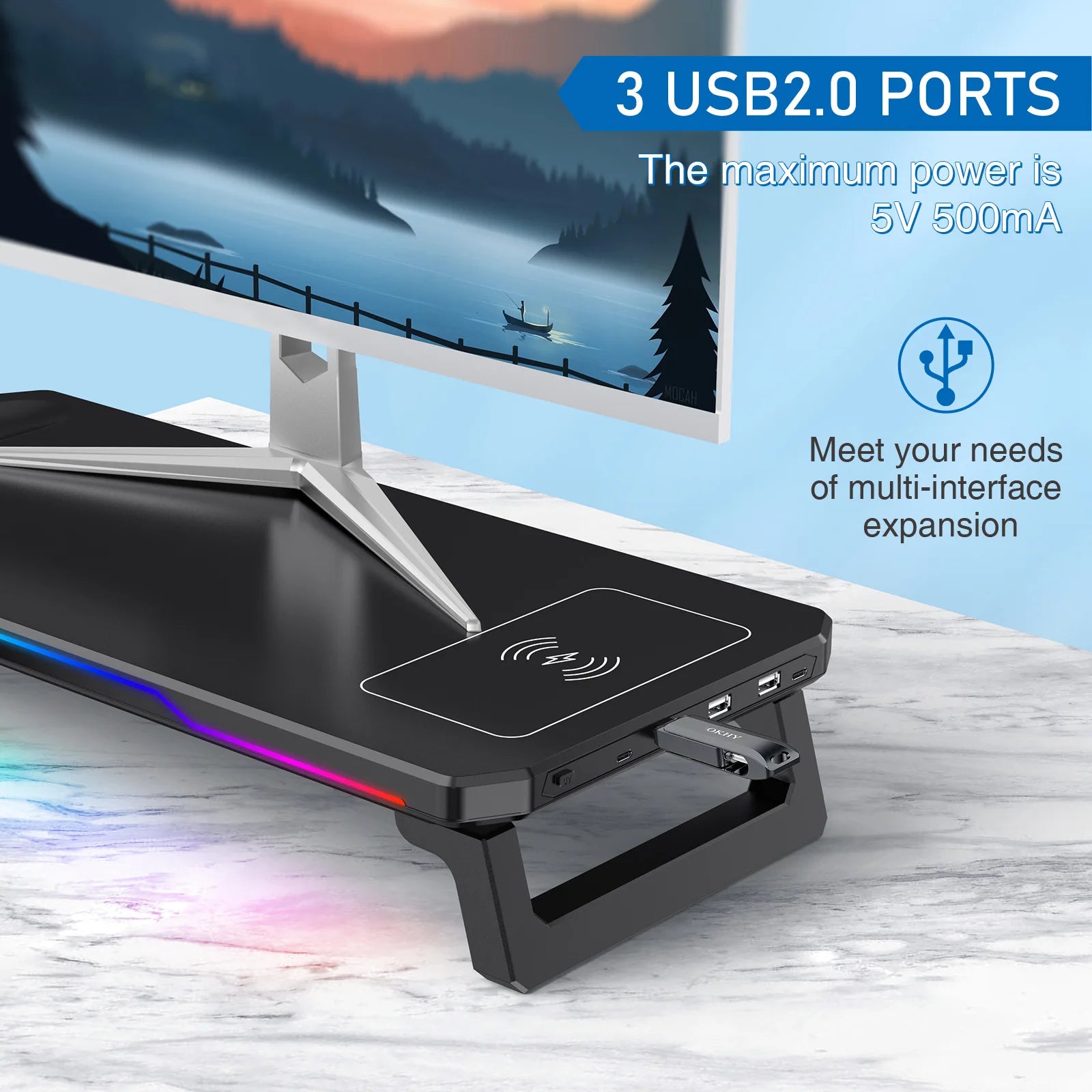 KSTOP Desktop Computer Monitor Stand Riser Bracket Dual RGB 3 USB 2.0 Organizer Foldable Storage Laptop Computer Screen Stand