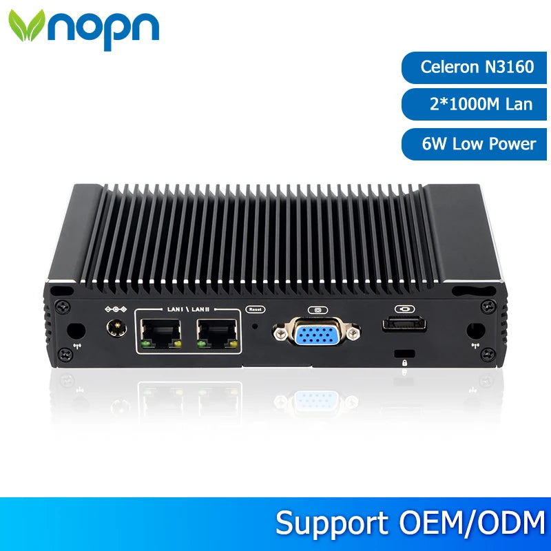 VNOPN  Mini PC 6W Low Power Intel N3160 Quad Core Quad Thread X86 FanlessPC Soft Router 2*1000M Lan Port HD-MI Output Metal Case