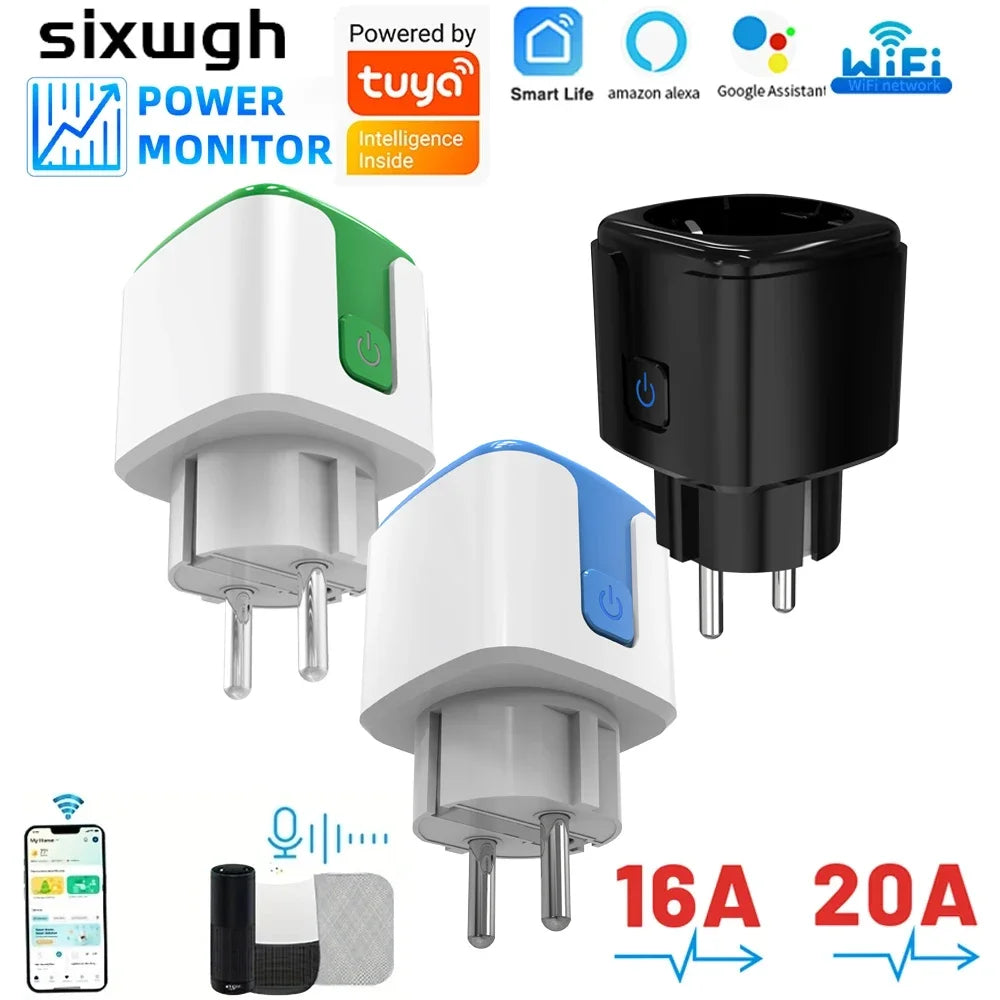 SIXWGH Smart Home Socket WiFi 16A/20A EU Socket Tuya Remote Control Timer Power Monitor Supports Voice Google Home Alexa