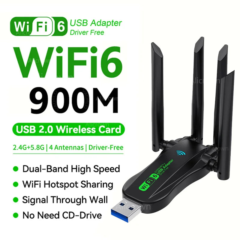 WIFI 6 AX900 BT 5.4 USB WiFi Adapter 2in1 Dongle 4 Antennas Wireless Wlan External Network Card for Windows 10/11 Driver Free