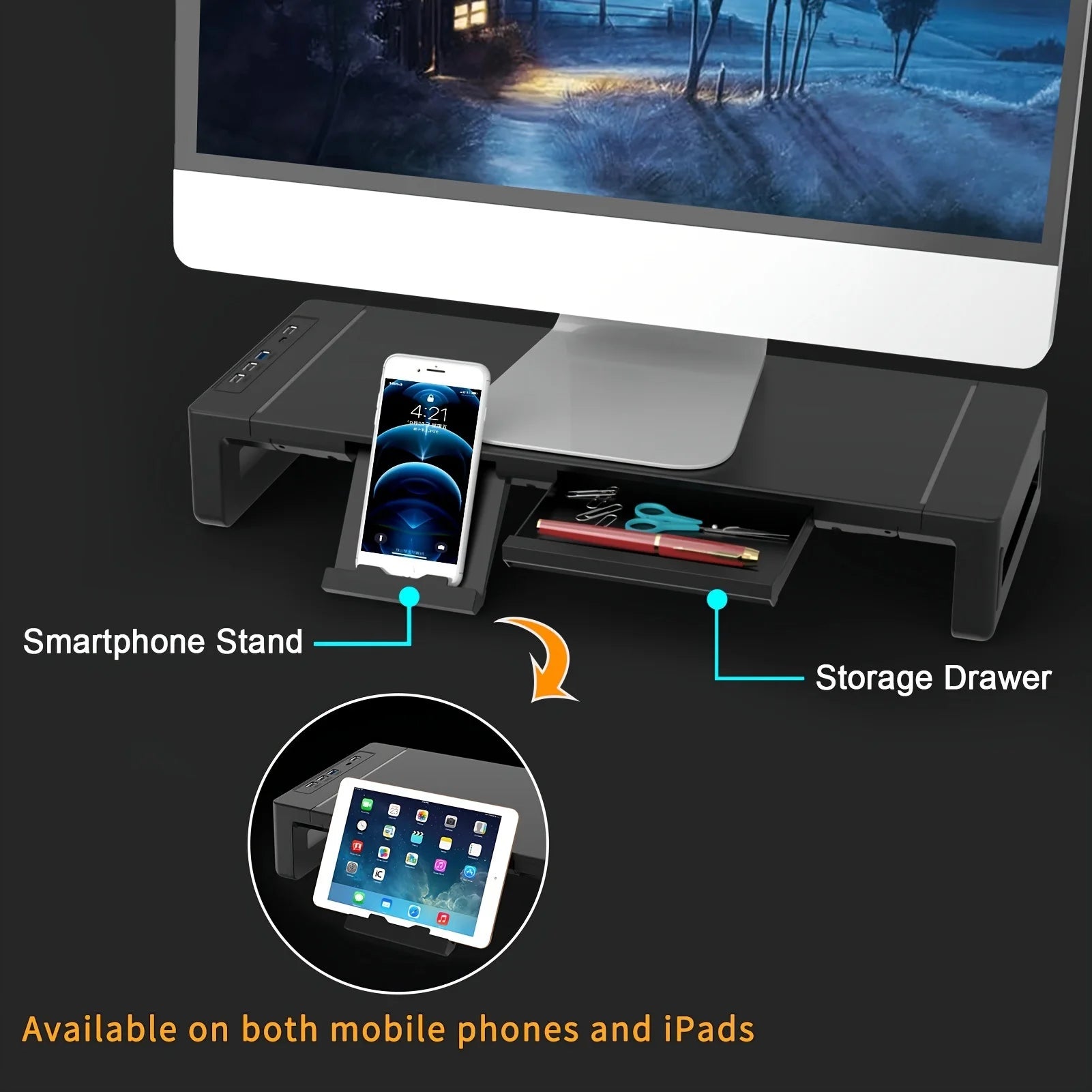 Computer Monitor Stands Foldable with USB3.0 Port Keyboard Mouse Storage Shelf and Drawer Monitor Holder