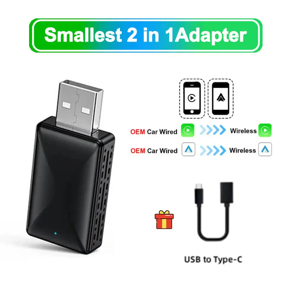 2in1 Wired to Wireless CarPlay Android Auto Adapter for OEM Car Stereo With USB Plug and Play