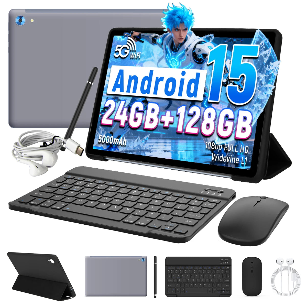 Tablet 10.1 Inch Android 15 Tablet 24GB RAM 128GB ROM (1TB TF) Octa-Core Dual Camera WiFi 6 Bluetooth Fast Charging PC Tablets