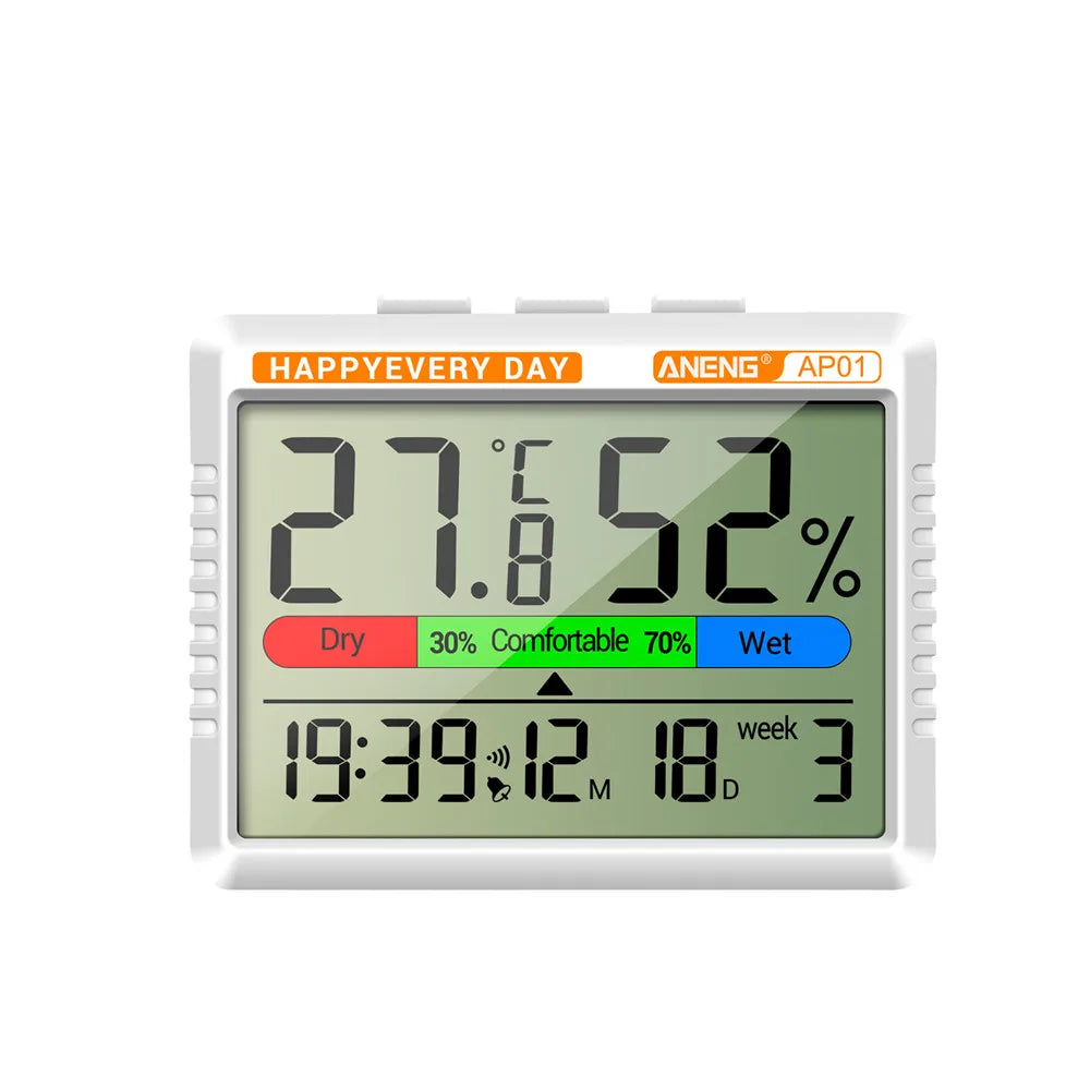 Multifunction Thermometer Hygrometer Automatic Electronic Temperature Humidity Monitor Clock Calendar  Week Large LCD Screen