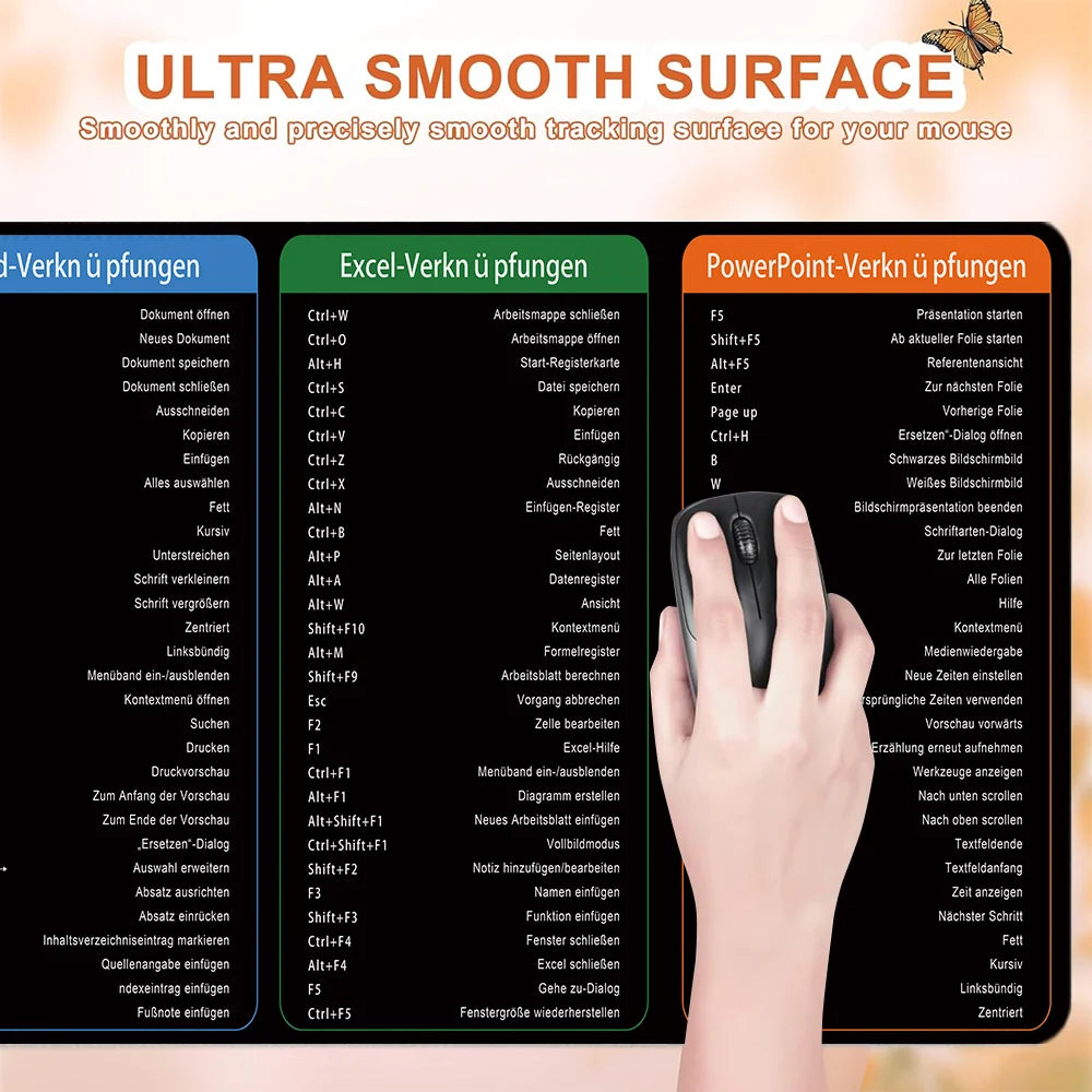 German Excel Shortcuts Pattern Large Mouse Pad Office Desk Mat Computer Keyboard Pad Starters Gift for Office Workers Students