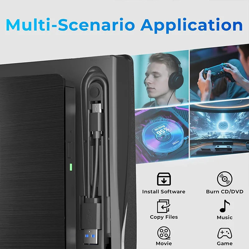 USB 3.0 USB C External CD/DVD RW Drive Read Burner Portable DVD Player Optical Drives For Laptop PC Windows 11 10 Linux OS Mac