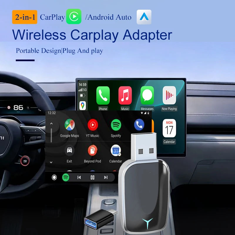 2in1 Wireless CarPlay Adapter Android Auto Dongle Wired to Wireless Plug And Play with USB AI Smart Box Car Intelligent System