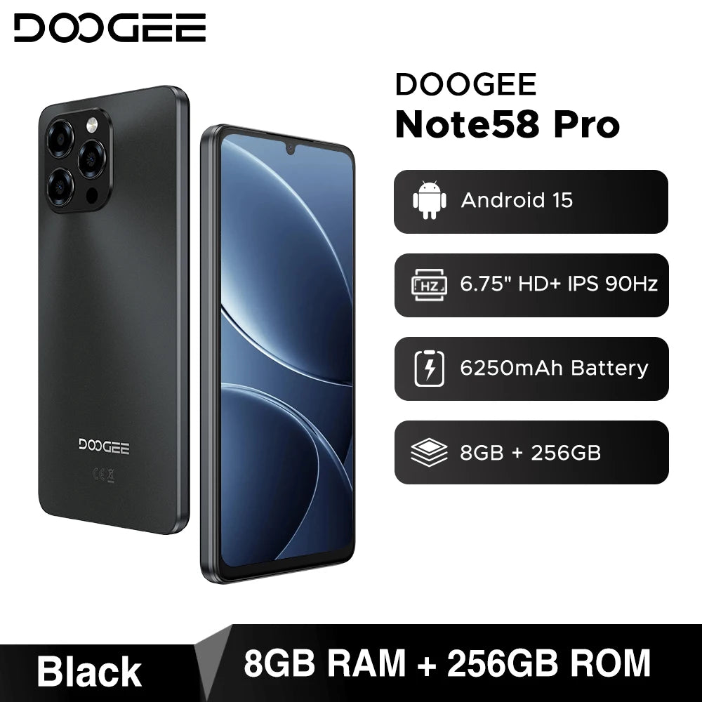 Global Version DOOGEE Note58 Pro Smartphone 6.75" HD+ Display 8GB RAM 256GB ROM 6250mAh Large battery NFC Android 15 Cellphone