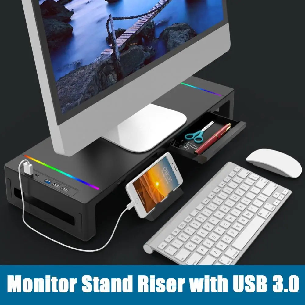 RGB Lights Monitor Stand Riser with USB USB 3.0 & 2.0 Hub Foldable Laptop Holder Ergonomic Phone Holder Computer Display Stand