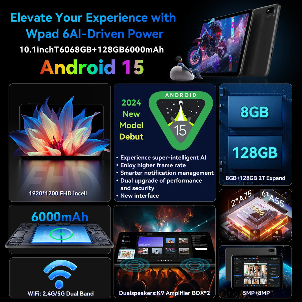 Headwolf WPad6 Android 15 WiFi Tablet 10.1 inch FHD 1920 * 1200, 4+4GB RAM + 128GB ROM/Widevine L1/6000mAh