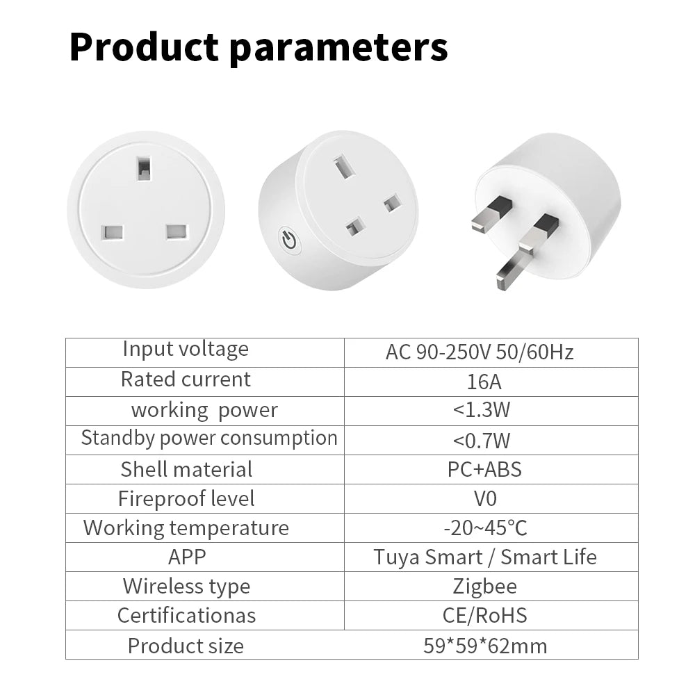 20A Tuya Zigbee Smart Socket UK Plug Adapter Power monitoring with Zigbee Hub for Intelligent Control Support Google Home Alexa