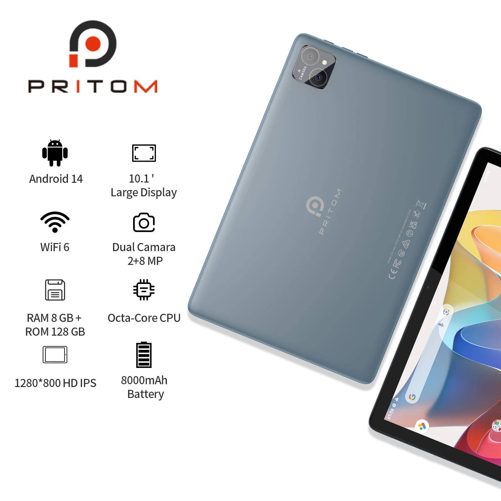 PRITOM Android 14 Tablet 10.1 Inch, 8GB(4+4 Expand) RAM + 128GB ROM, Octa Core, 5G WiFi, with Keyboard, Mouse, Case