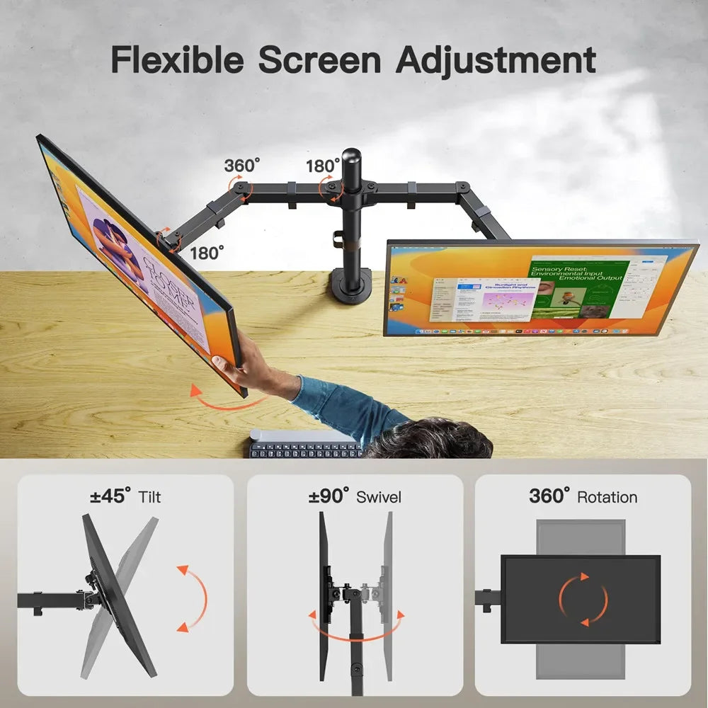 Dual Monitor Stand, Holds Screen up to 27inch, Universal Freestanding Monitor Stand Adjustable Height, Tilt, Swivel, Rotation