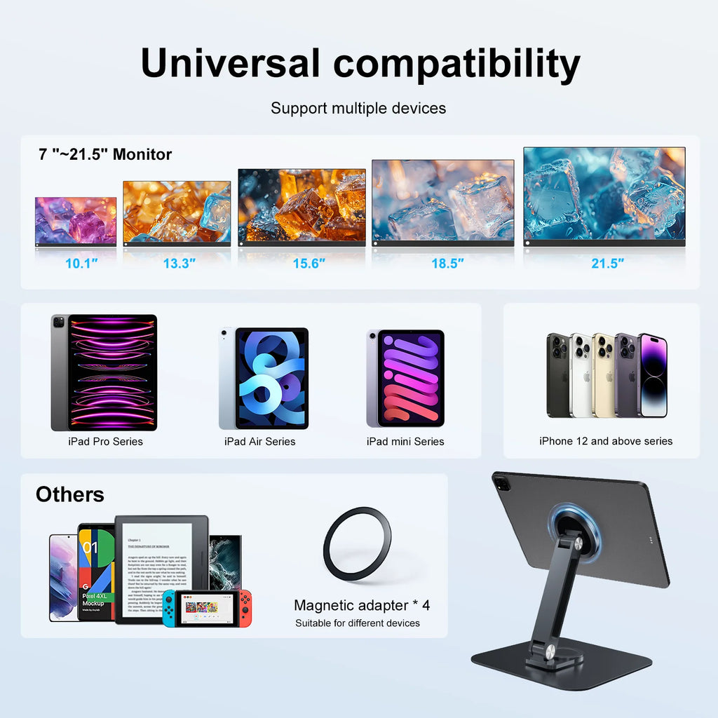 Black Magnetic Metal Stand 360° Rotatable Holder for 7-21.5 inch Portable Monitor, iPad & iPhone Displays,  Stable 3KG Bracket