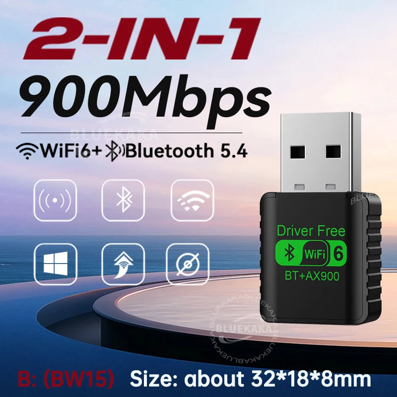 2IN1Mini USB AX900Mbps WiFi6 BT5.4 Network Card 2.4G&5GHz Dongle Wireless Receiver Adapter Driver Free For PC Laptop Win10/11