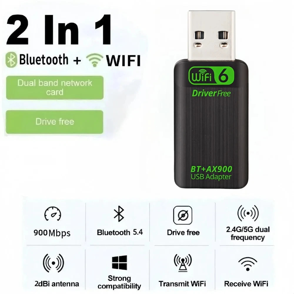 AX900 USB WiFi 6 Bluetooth 5.4 Adapter 2in1 Dongle Dual Band 2.4G&5GHz Network Wireless Receiver DRIVER FREE For Windows 10/11