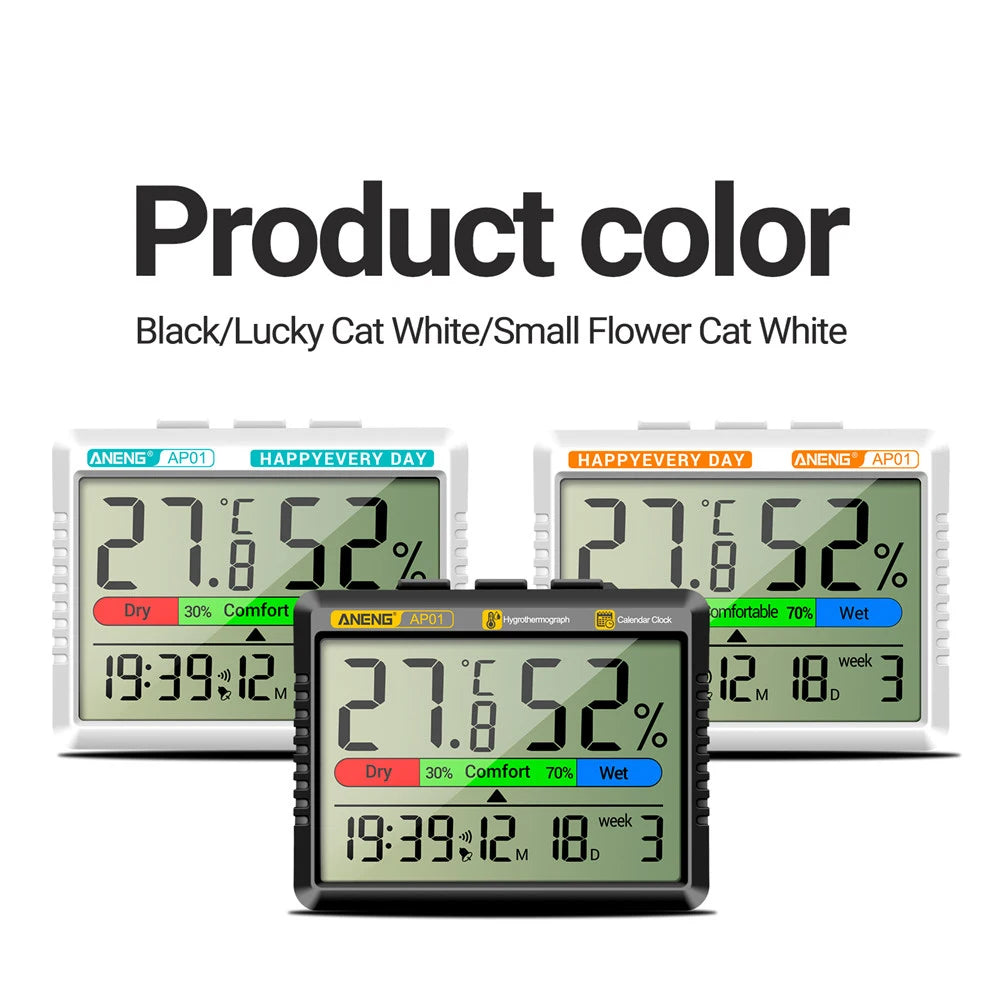 Multifunction Thermometer Hygrometer Automatic Electronic Temperature Humidity Monitor Clock Calendar  Week Large LCD Screen