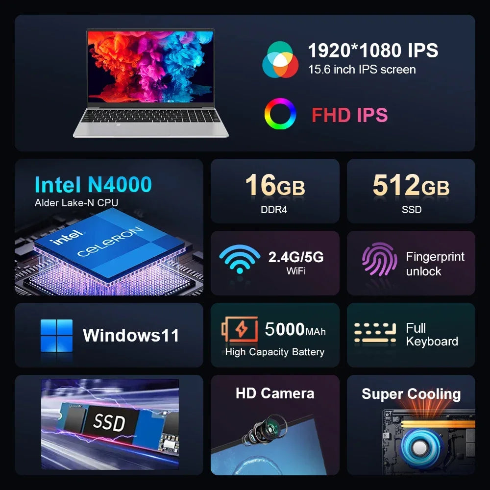 15.6" Ultra Slim Laptop Windows 11 Pro Intel Notebook PC Gamer Intel Celeron N4000 16GB RAM 1TB 2TB SSD Office Study Computer PC