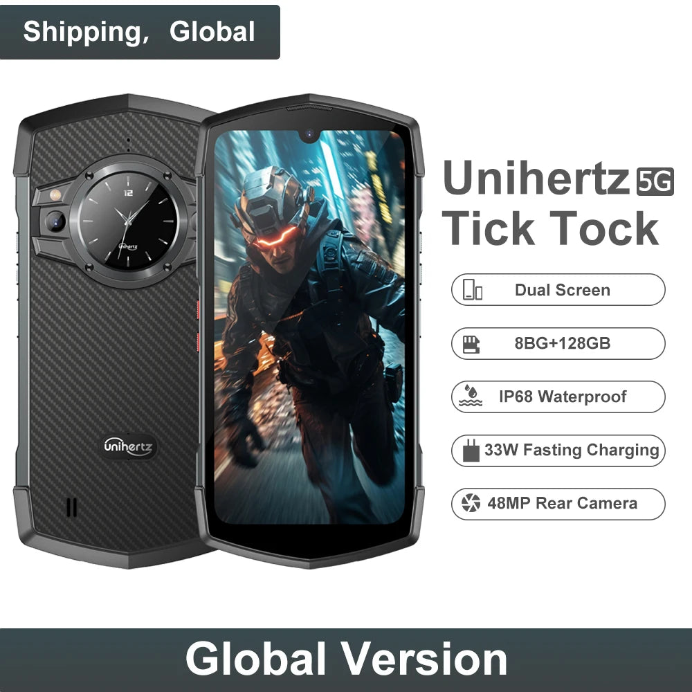 Unihertz Tick Tock Rugged Smartphone 5G 128/256GB Cellphone 6000mAh Android 6.5 inch Phone with Dual-Screen 48MP Camera IP68